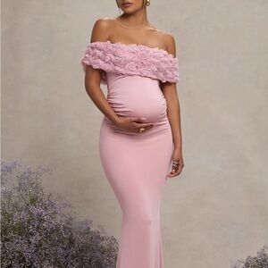 One-Shoulder Maternity Gown with Floral Trim in Light Pink